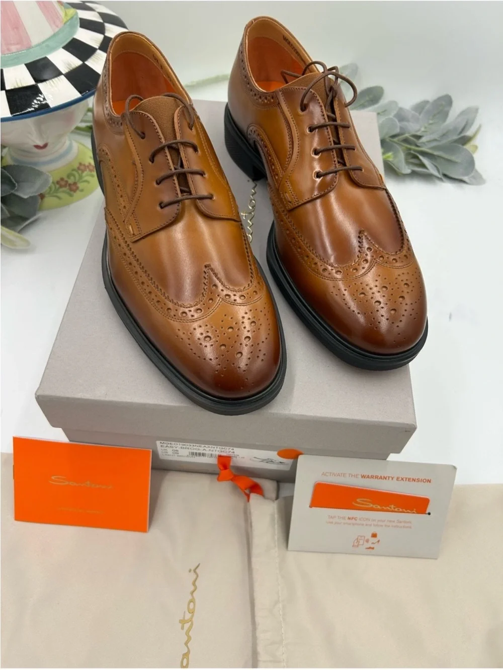 Men’s Santoni easy wing tip brown burnished leather Oxford size 9 US made Italy